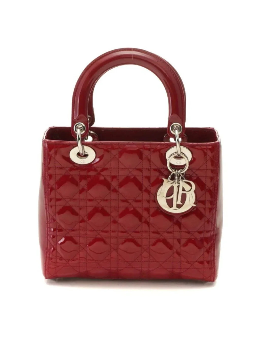 Dior Cannage Lady Dior Handbag Medium Patent Leather Red Silver Plate